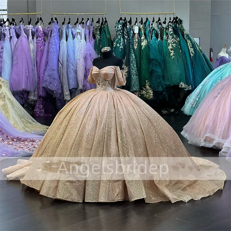 Angelsbride New 2025 Champagne Ball Gown Quinceanera Dresses Sparkly Off Shoulder Sweet 16 Dress Vestido De 15 Anos Lace-Up