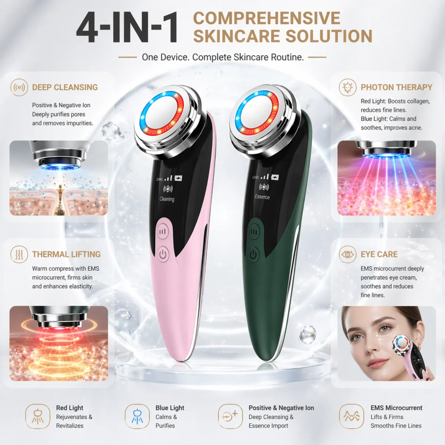 4 in 1 Facial Beauty Device LED Light Therapy Cleansing Warm Lift Eye Care Facial Massager USB Rechargeable Home Skin Care Tools