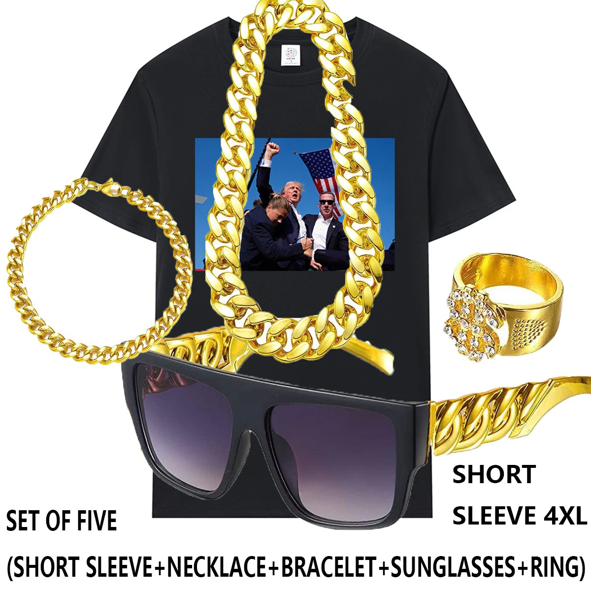

Five-piece set (short sleeve+necklace+bracelet+sunglasses+ring) hip-hop ostentatious punk alloy dollar chain necklace glasses ri