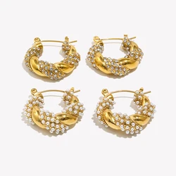 E.B.belle Crystal Paved Twisted Rope Style Rhinestone Hoop Earrings For Women Stainless Steel Chunky Statement Hoop Earring