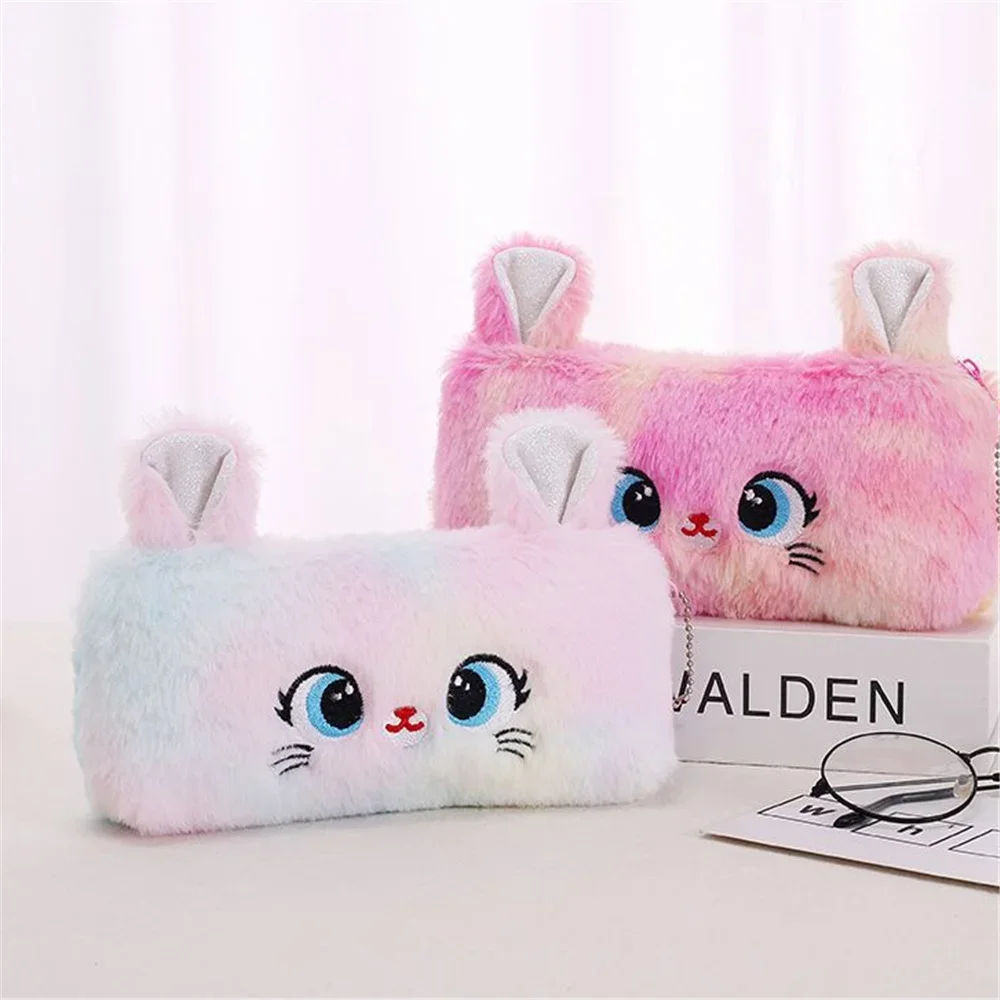 Kawaii Cat большая вместительная сумка-карандаш на молнии, красивая мультяшная креативная плюшевая сумка-карандаш для девочек, сумка для хранения канцелярских принадлежностей