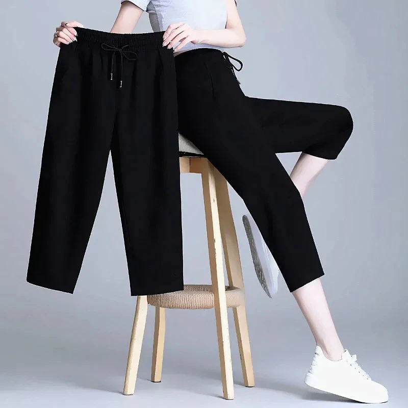 

Womens Summer 7/8 Length Casual Pants Loose Thin Black Sport Straight Trousers