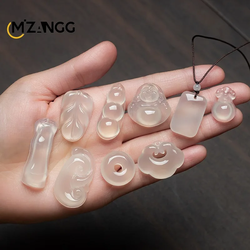 Natural High Ice Chalcedony Xiangyun Lock Pendant Agate Lychee Frozen White Moonlight Buddha Peace Buckle Jade Necklace Lady Gif