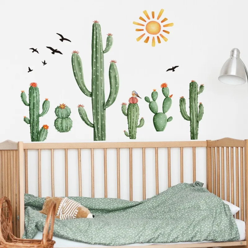 Plant Cactus Sun Bird Wall Sticker Background Wall Living Room Room Decoration Wall Sticker Self-adhesive Sticker