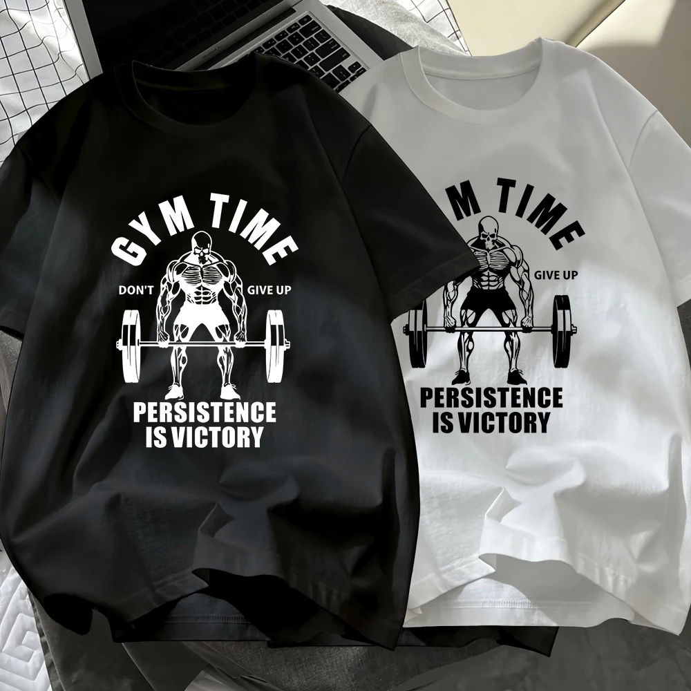 

Gym Persistence Is Victory Men T-Shirt Cotton Summer Soft Black White Set Tops Loose O-Neck Short Sleeve T Shirt Casual Clothes