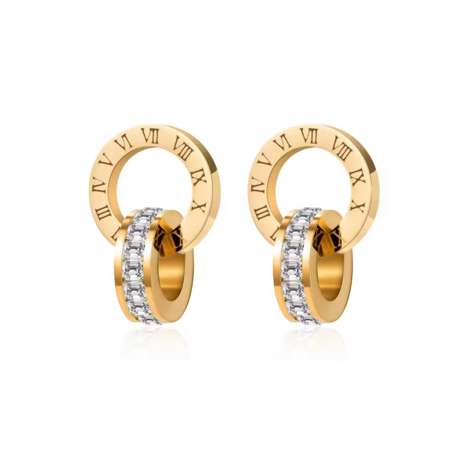 Roman Numeral Double Ring Stud Earrings for Women Interlocking Circle Earrings Stainless Steel Fashion Jewelry Gift