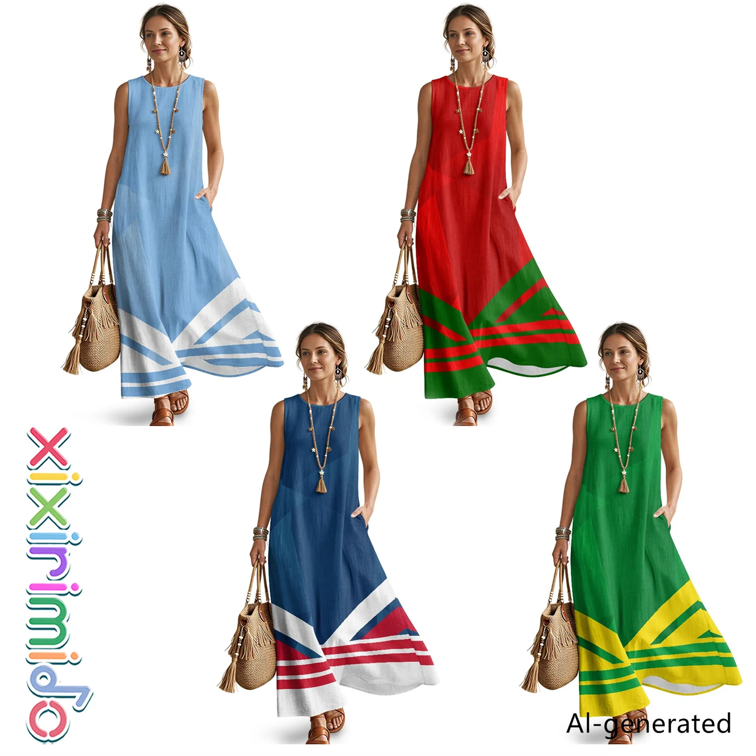 

XIXIRIMIDO Women's Imitation Linen O-Neck Sleeveless Long Skirt with Pockets National Flag Color Minimalist Design clothing