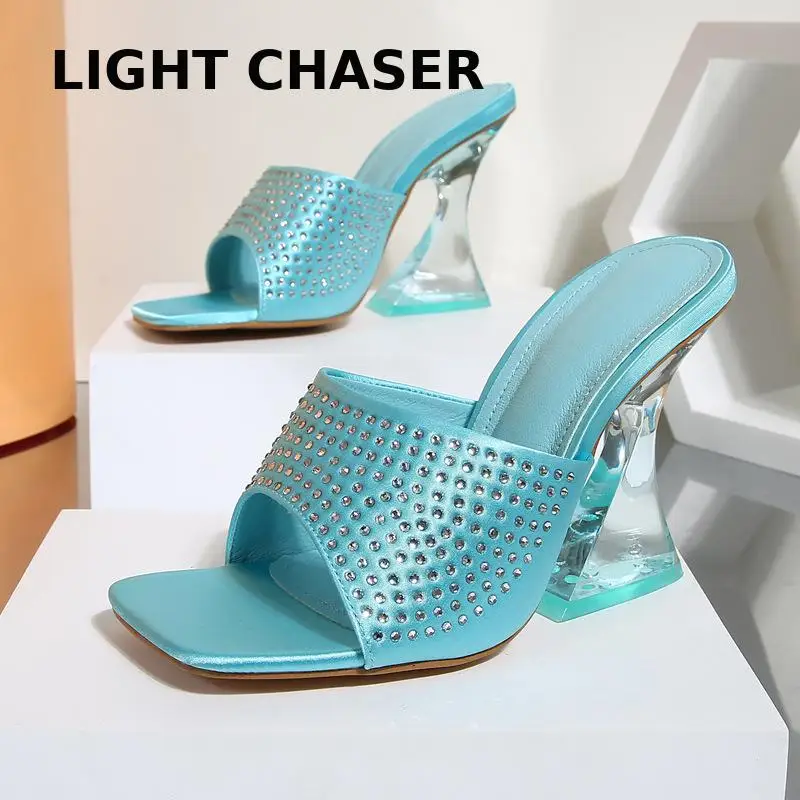 Summer High Heels Women Shoes Fashion Transparent Heels Sexy Hollow Breathable Slippers Square Toe Female High Heel Slippers