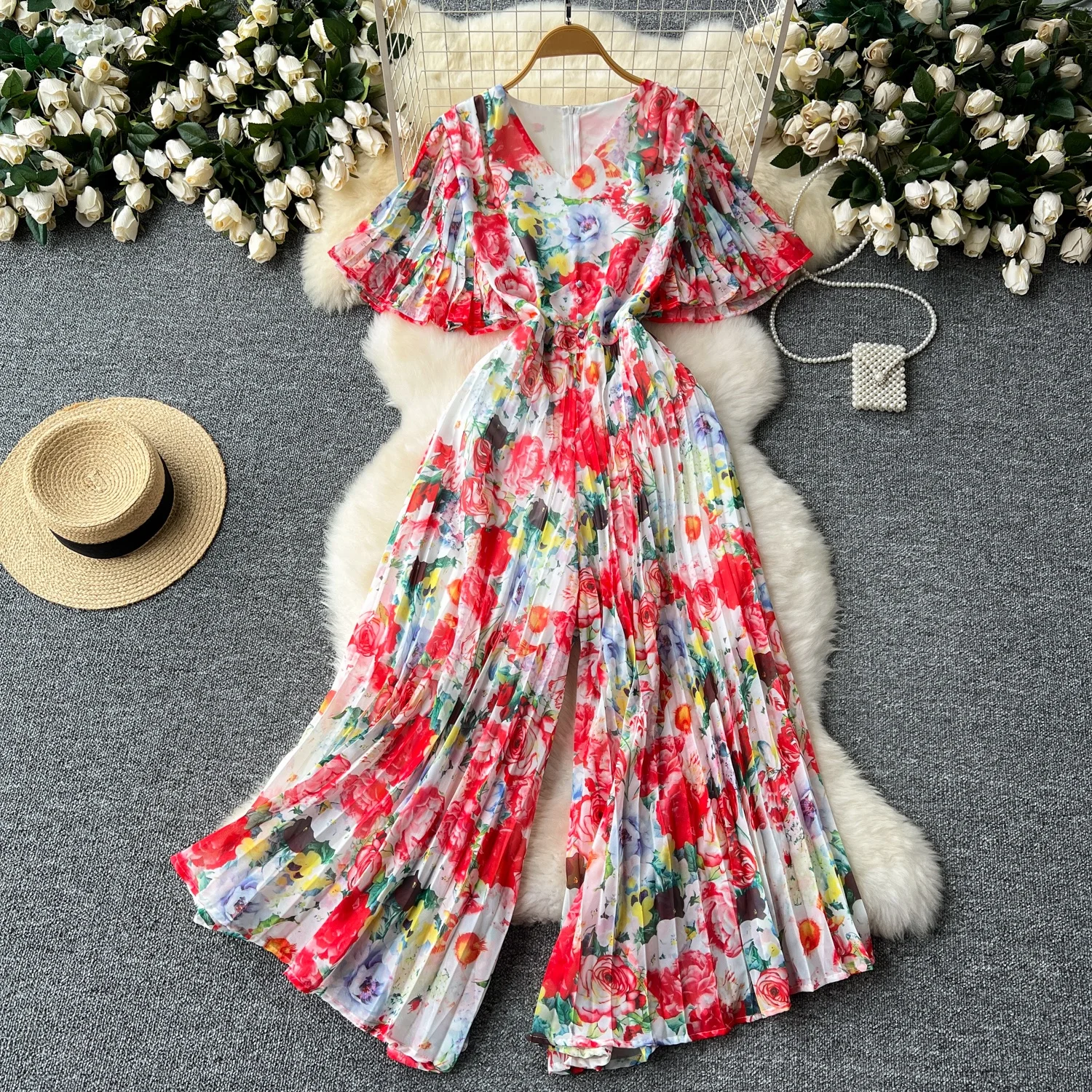 

Clothland Women Sweet Floral Jumpsuit V Neck Flare Sleeve High Waist One Piece Beach Wear Summer Long Playsuits KA463