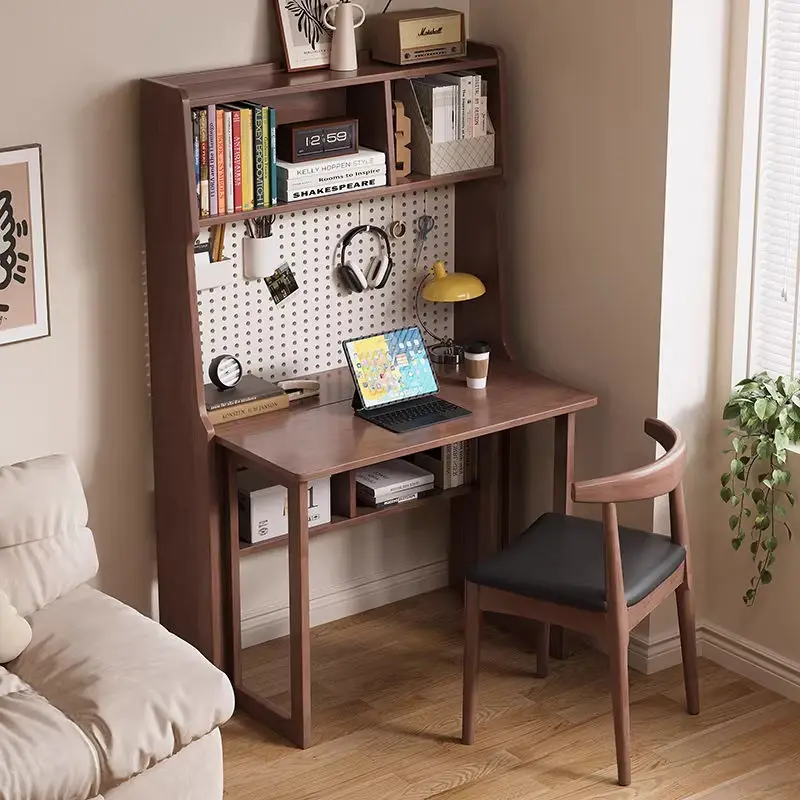 *Solid Wood Assembled Durable Home Office Desk with Bookshelf Flip-Top Design Compact Desk and Chair Set for Bedroom Small Space