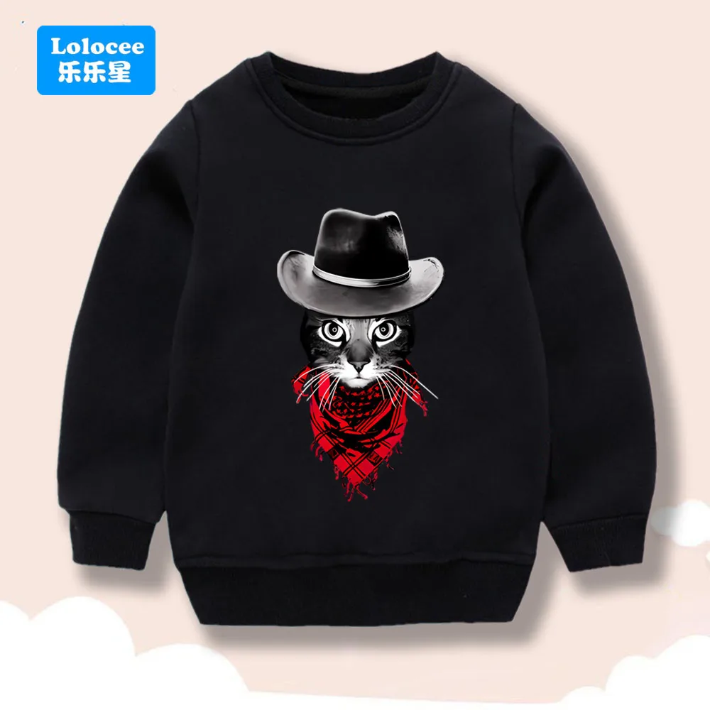 Lolocee Kids Sweatshirt Cute Cowboy Cat Printed Crew Neck Long Sleeve Boys Casual Pullover Top High Quality Toddler Clothes MNZ1