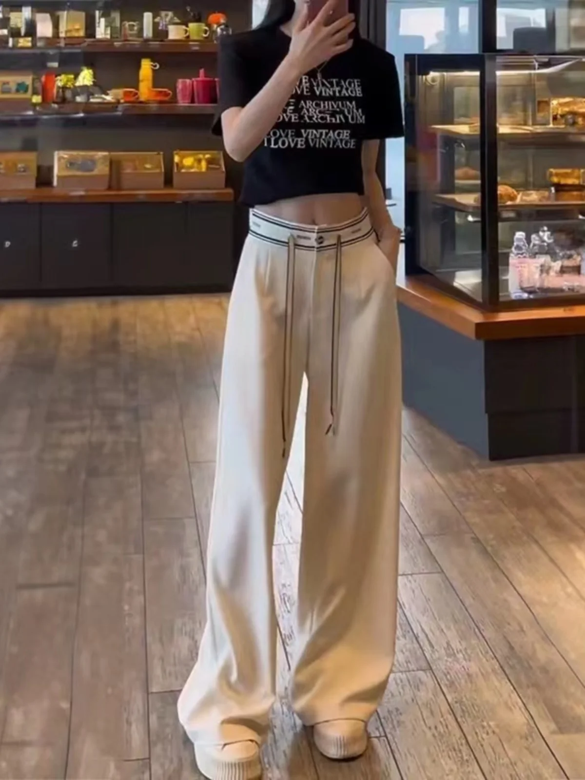 Verão 2025 cintura alta calças de perna larga feminina casual solto encaixe em linha reta até o chão calças casuais versáteis