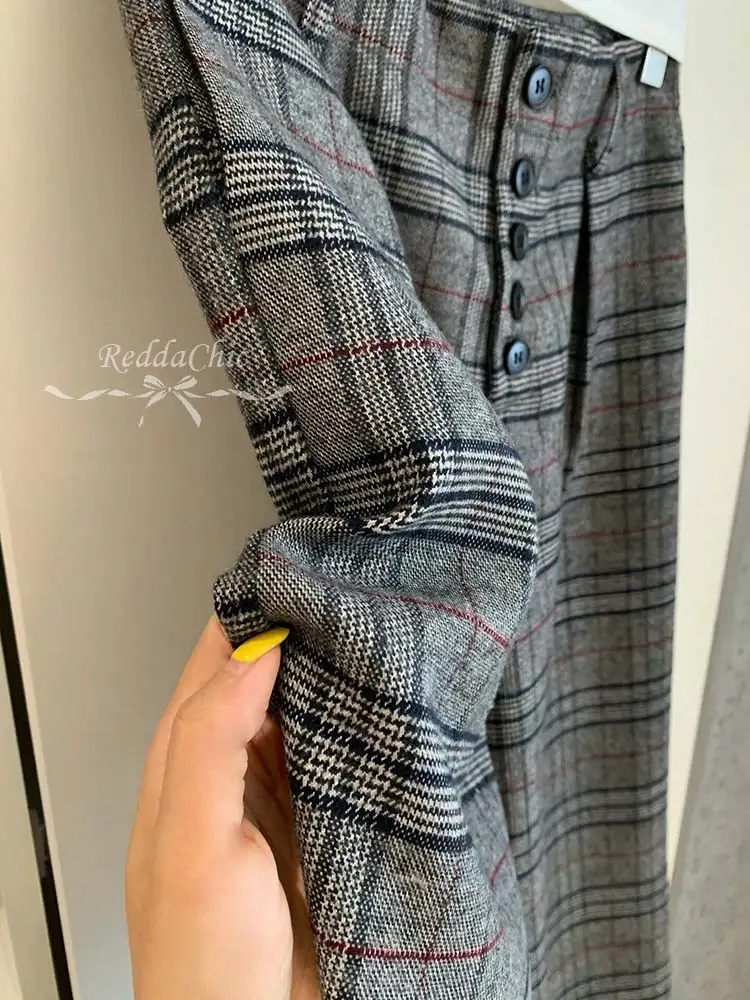 REDDACHiC Women's Plaid Button Front Suit Pants Lounge Tweed Cleanfit Straight High Rise Wide Leg Dress Pants Office Costume