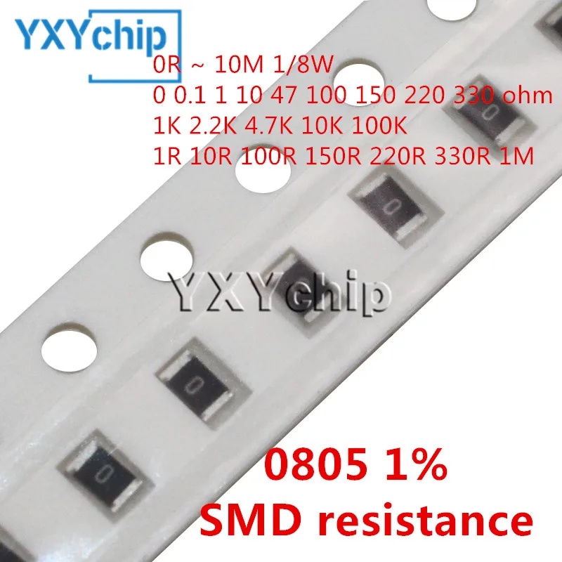 100 buah 1% 0805 SMD resistor 0R ~ 10M 1/8W 0 0.1 1 10 47 100 150 220 330 ohm 1K 2.2K 4.7K 10K 100K 1R 10R 100R 150R 220R 330R 1M