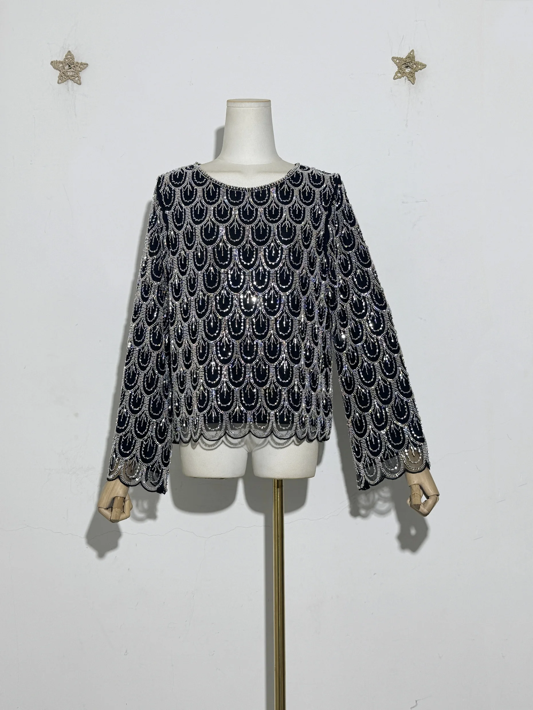 

Новый элегантный женский топ с блестками и 2 вырезами из бисера, гребешок с круглым вырезом и длинными рукавами, пуловер, винтажная вечерняя блузка с вышивкой, рубашка