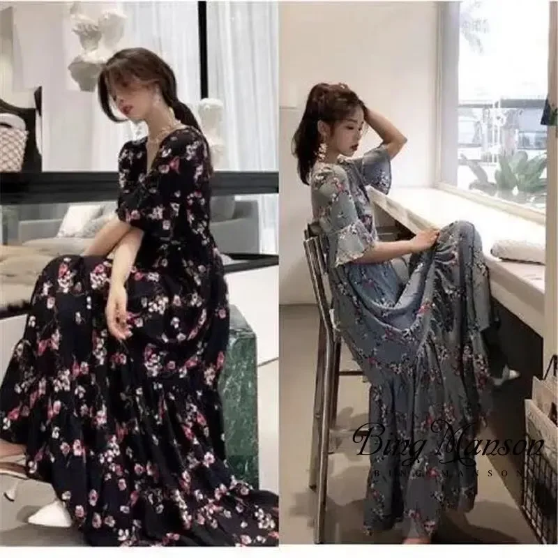 

Dress for Woman Vintage Floral Print Maxi Dress Casual Beach Flared Sleeve Spring Summer 2023 Elegant Office Ladies Midi Dresses