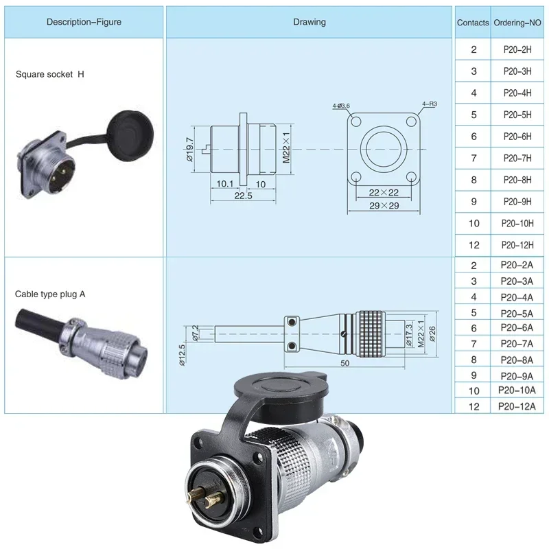PLS20 Aviation Connector 2/3/4/5/6/7/8/9/10/12 Pin Air Carrier Male Female Plug Connector WS20 TP20 Opening Diameter 20mm
