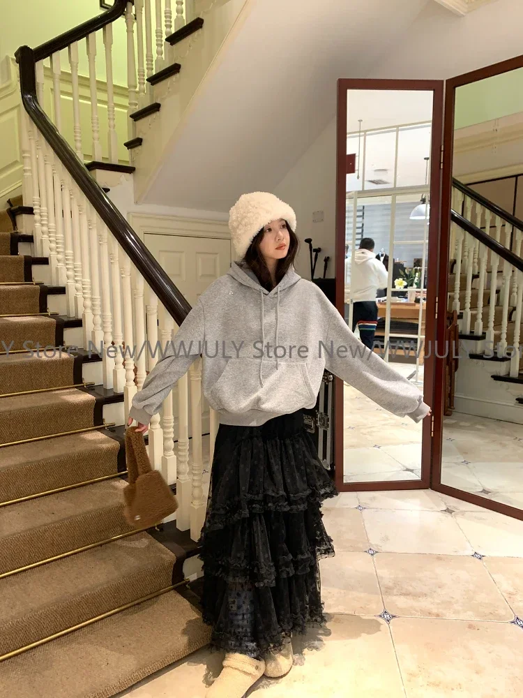 Korean Fashion White Ruffle Lace Skirt Women Fairycore Vintage High Waist Irregular Patchwork Midi Skirt Cute Streetwear Chic