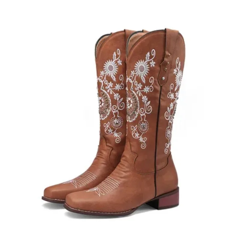 Flower Embroidery Ethnic Bohemian Style Square Chunky Med Heels Mid-calf Cowboy Shoes Women Winter Wide Calves Cowgirl Boots