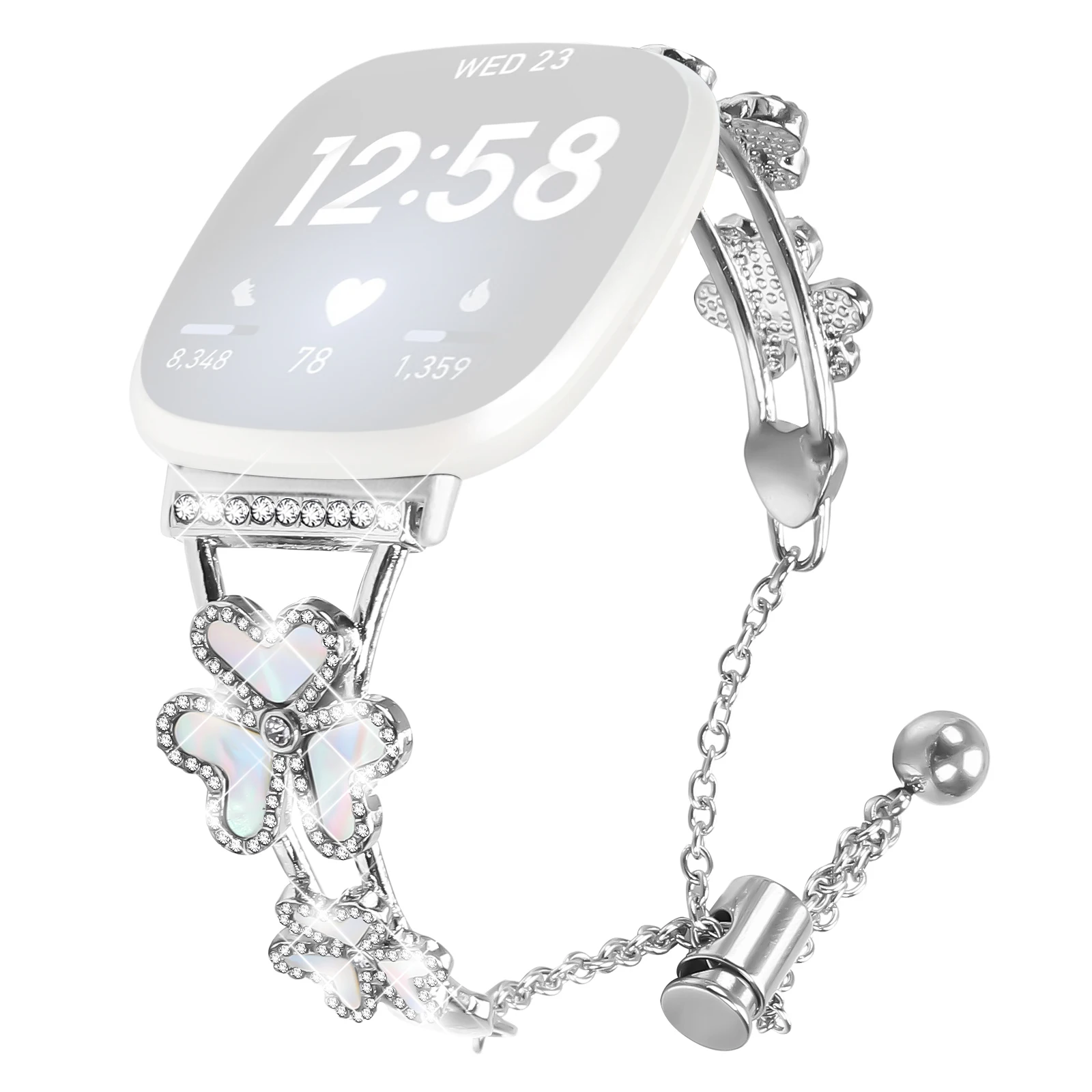 

Metal Band For Fitbit Versa 3 / Sense Heart Clover Decor Watch Strap Replacement - Silver