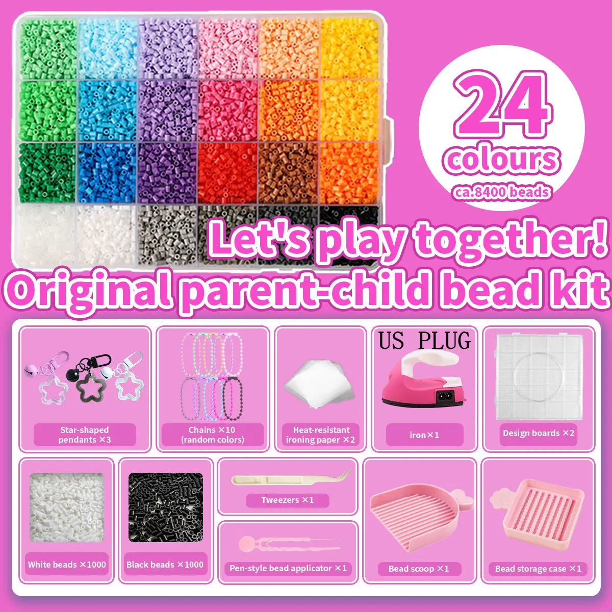 2,6mm Bügelperlen-Set 144 Farben All-in-One Mini-Perlen-Set mit Steckplatten, Mini-Bügeleisen, Pinzette Pixel-Art DIY Bastelset für Erwachsene