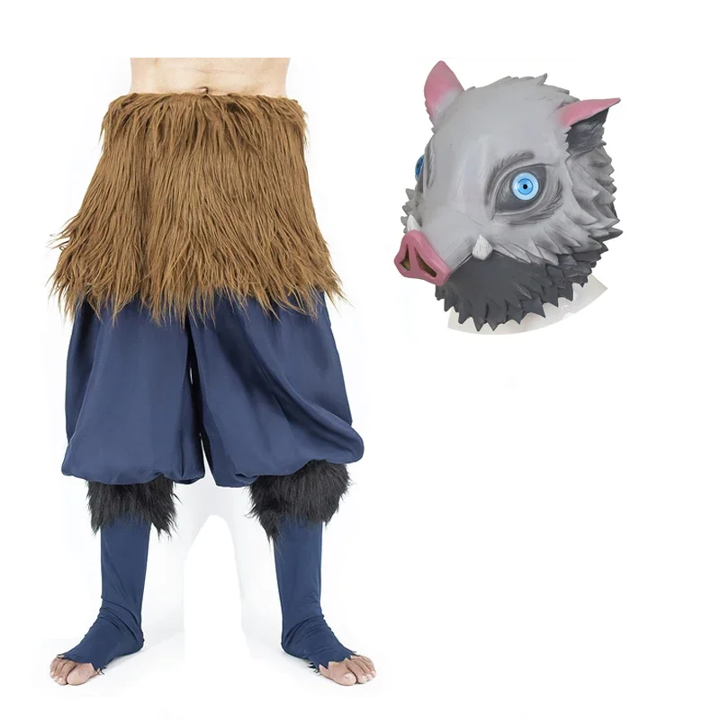 Anime Pig Headed Boy Hashibira Cosplay Costume Halloween Carnival Party Adult Clothing Boar Silicone Mask Straw Sandals