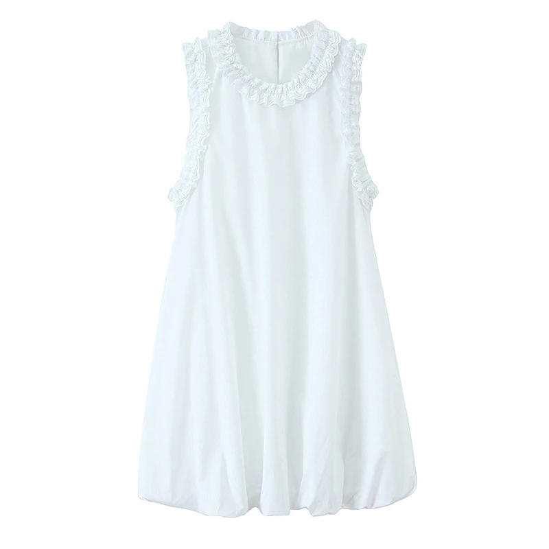 

YENKYE Summer 2026 Women Ruffle O Neck Sleeveless A-line Mini White Dresses Sexy Casual Vestidos