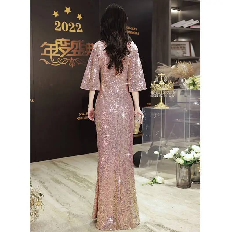 Pink Long Mother Of The Bridal Dresses Shiny Sequin Floor-Length Mermaid Evening Dresses For Wedding Party