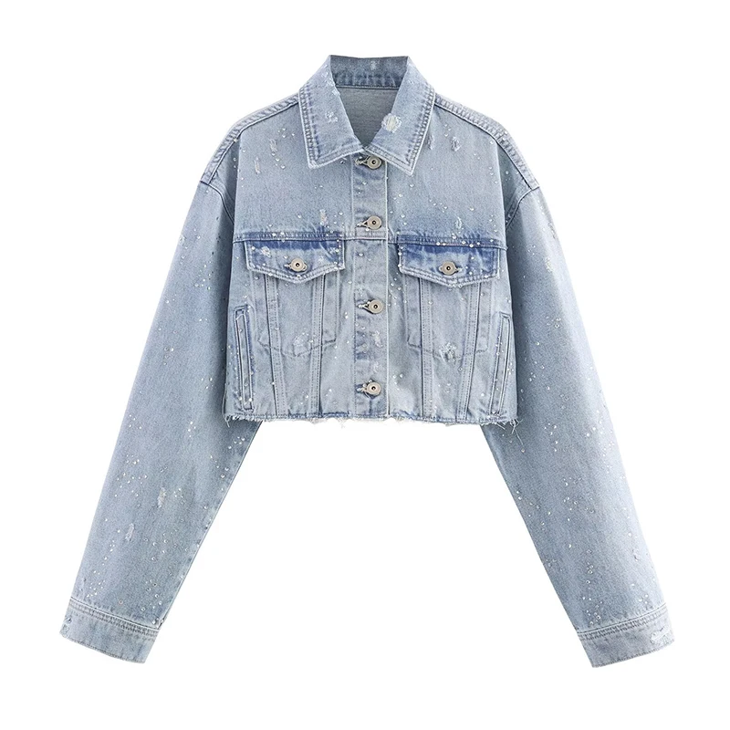 

Women's Short Denim Jackets Coats Fashion Diamonds Decoration Long Sleeve Coats Vintage Female Outerwear Chic Tops