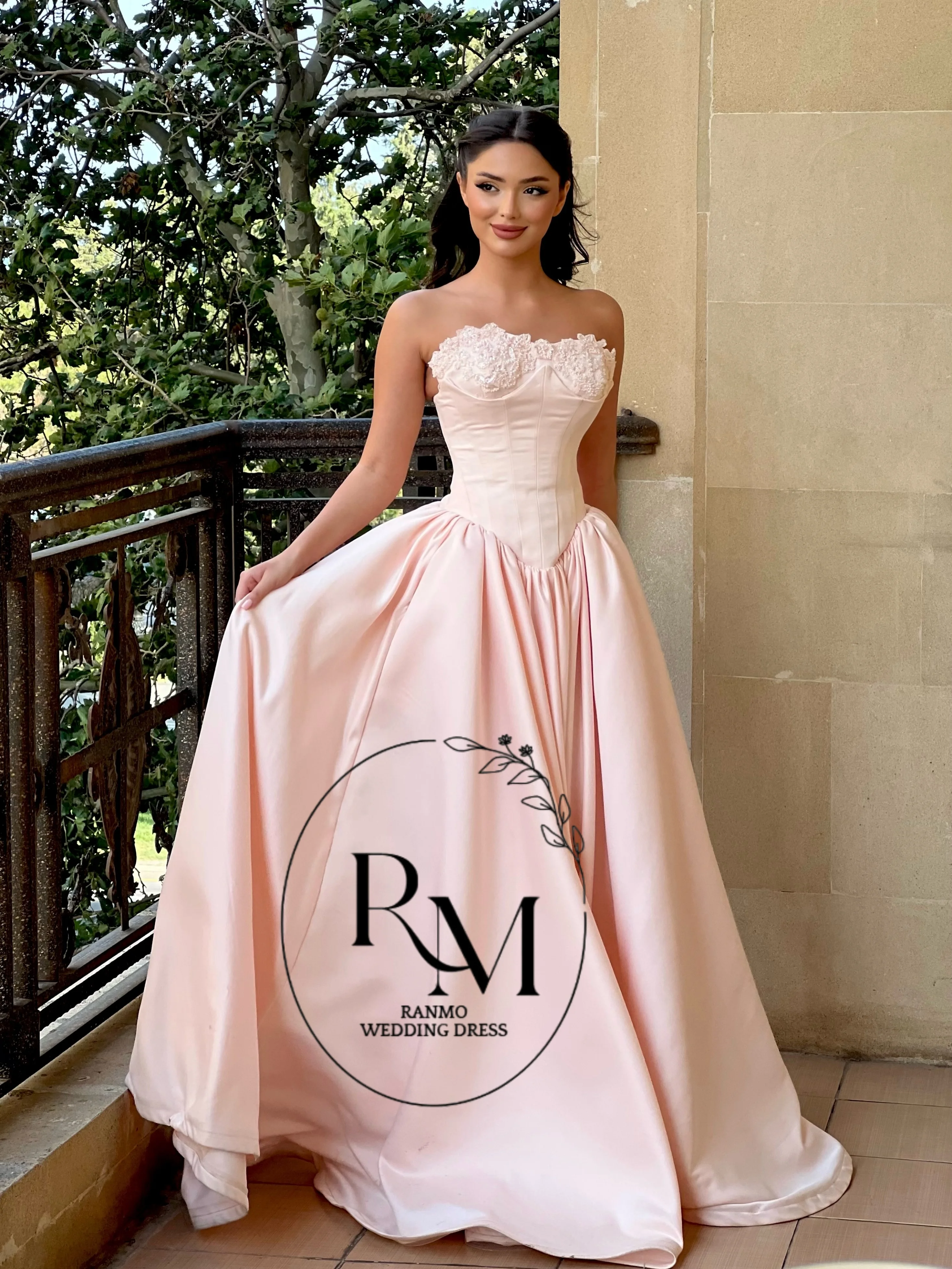 Ranmo CustomizedNew Wedding Guest Evening Dress Strapless Scalloped Floral Lace Corset Bodice High Waist Voluminous Gloss Satin view 2