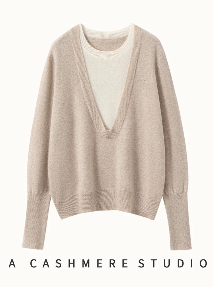 

Autumn Winter Women's O-neck Cashmere Sweater Fake Two Items Pullover Threaded Sleeve 100% Cashmere Knitwear Korean Popular Tops