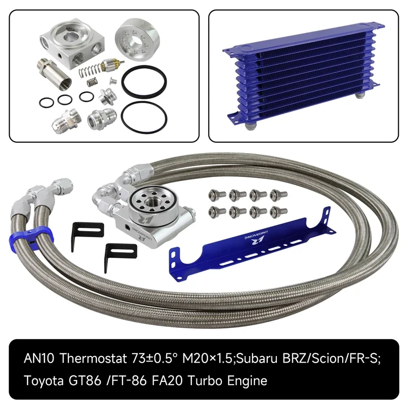 Aluminum AN10 10 Row Oil Cooler 1.3M Oil Hose Bracket Kit Thermostatic For Subaru BRZ Scion FR-S FA20 Blue