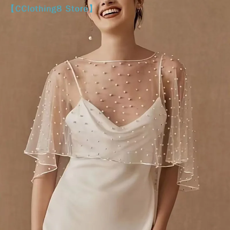 Pearl Beaded Wedding Wrap Sheer Jewel Collar Soft Tulle Front Short Long Back Shawl Marriage Accessories For Women Dress【AliS8】