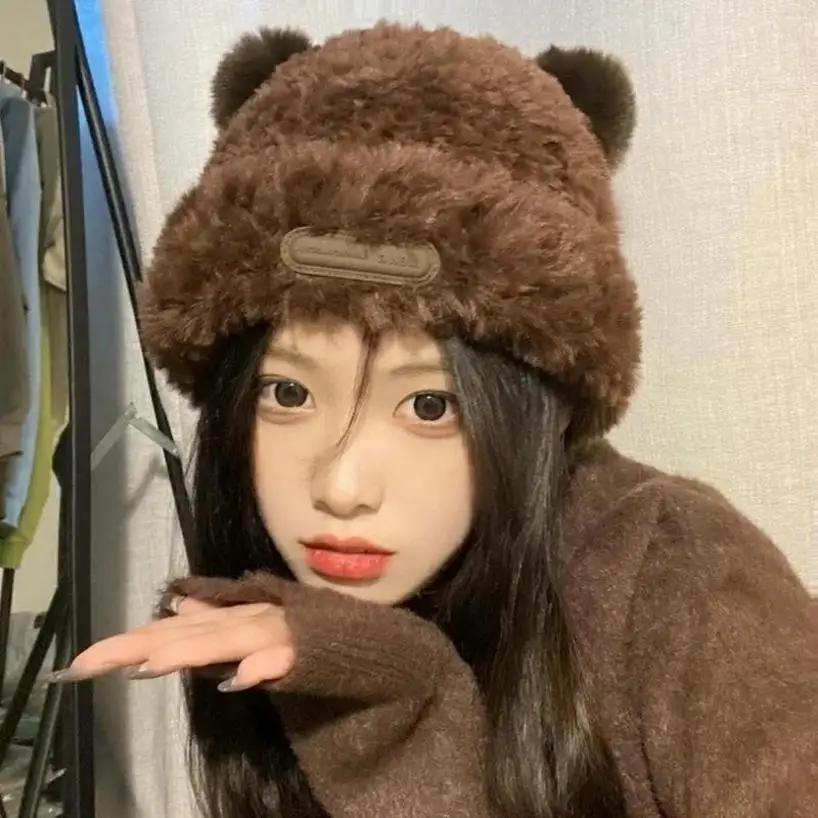 1 Pcs Winter Thickened Cute Little Bear Hat Big Headed Soft Glutinous Plush Hats Ear Protection Woolen Warm Fluffy Fur Headgear