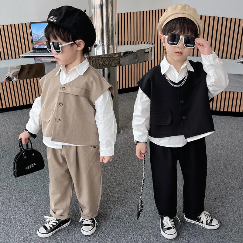 Vest Three-piece Suit Boys Children Spring Autumn New Fashionable Cool Comfortable All-matching Solid Long Sleeves