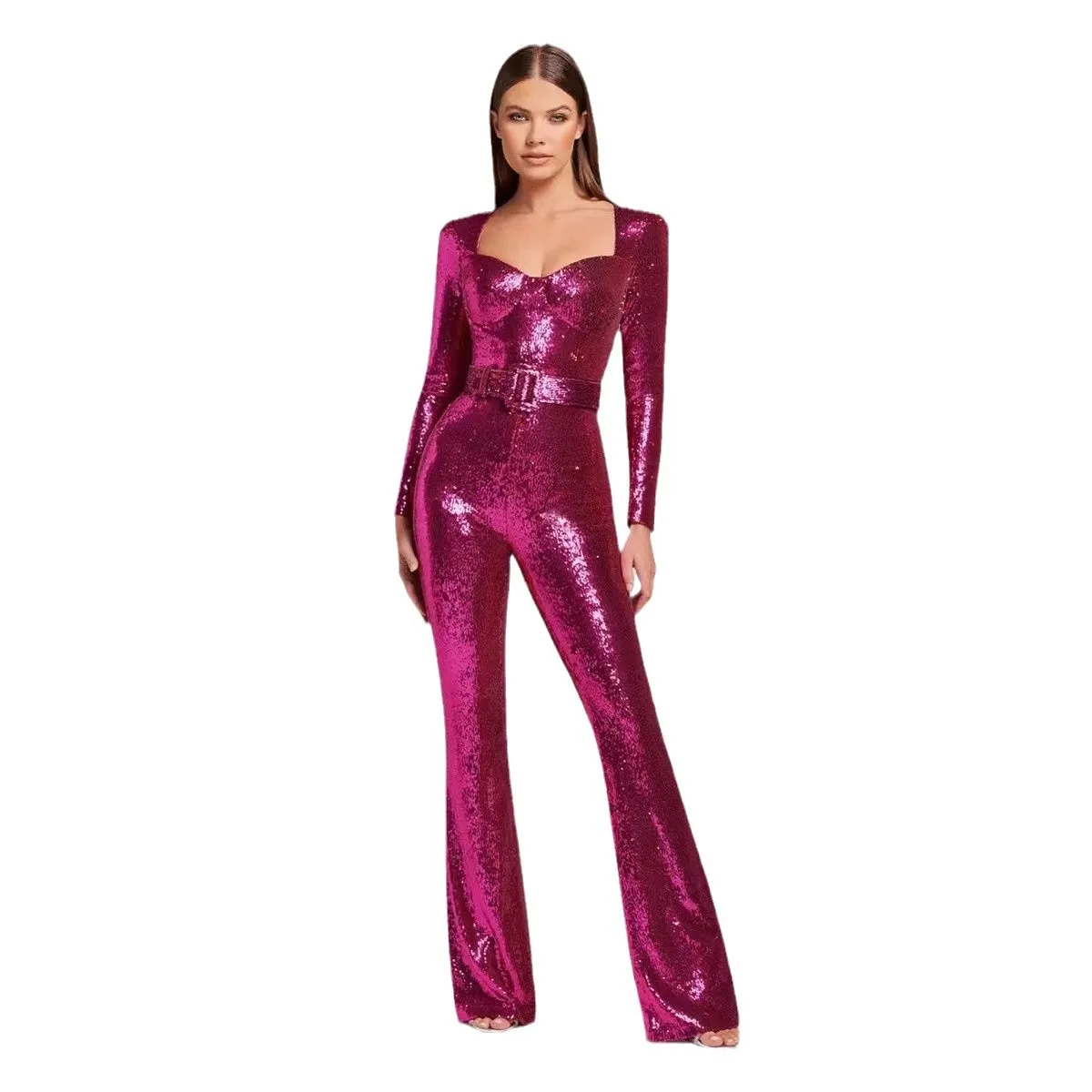 Women's 2025 Long-sleeved Belt Mopping Jumpsuit Sequined Evening Dress Fashion Suit Onesie INS