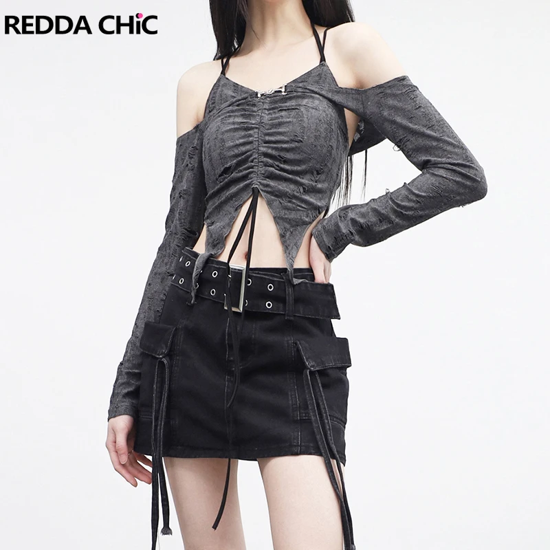 ReddaChic Destroyed Gray Shrug Top Set Women Bandage Halter Sling Drawstring Camisole Long Sleeves Cardigan Y2k Grayu Streetwear