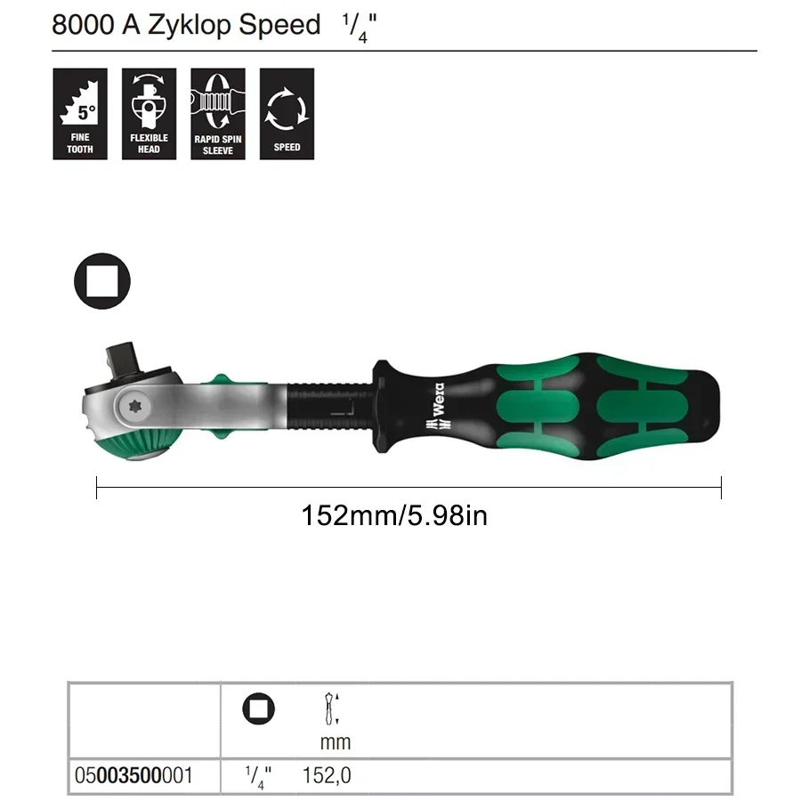 Genuine WERA 05003500001 Zyklop 8000 A 1/4'' Drive Ratchet Wrench 152mm 05003500001  torque wrench Building Tools