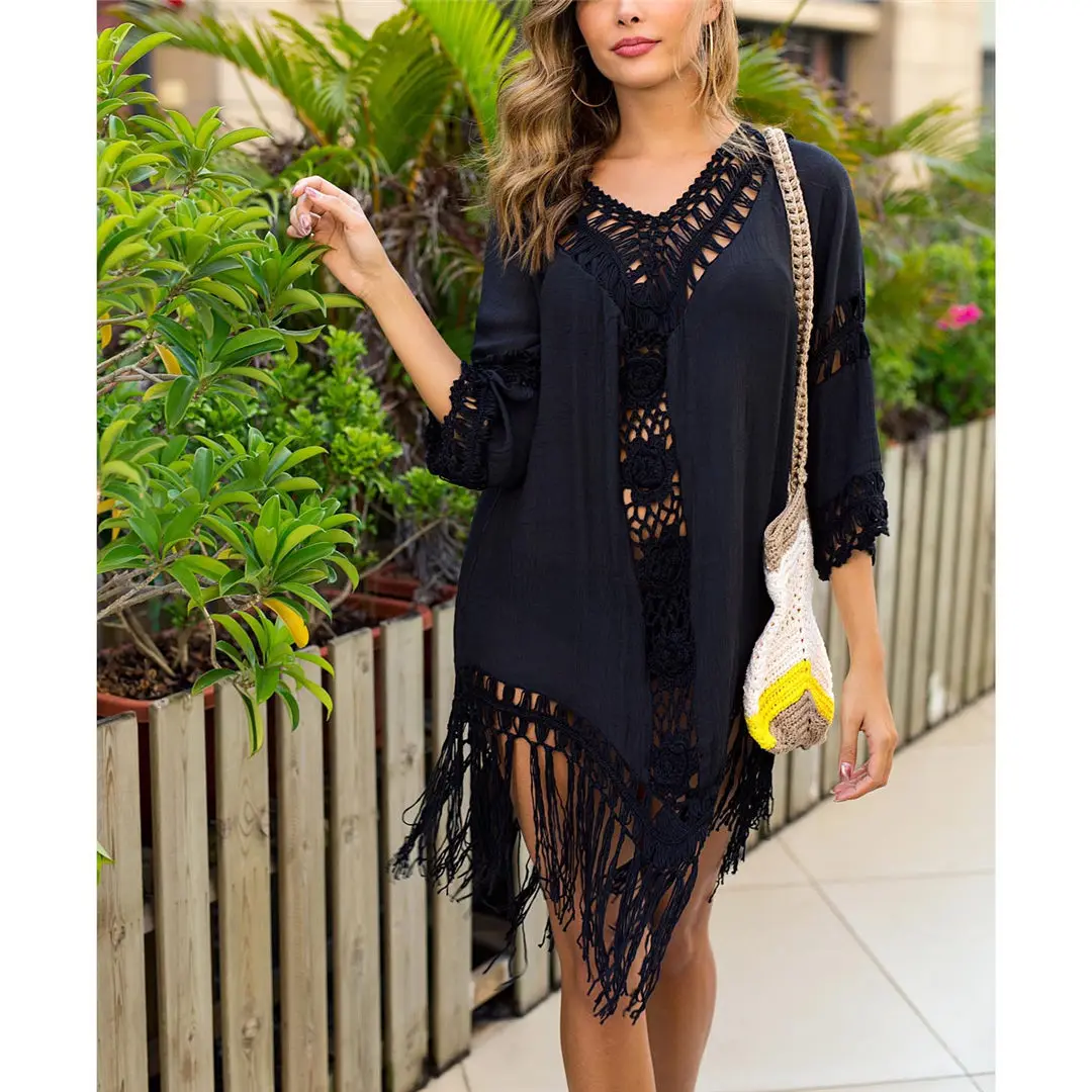 Sexy rückenfreie, ausgeschnittene Tunika mit Fransen, Strandkleid, Strandmode, Damen V2650 – Detail 17