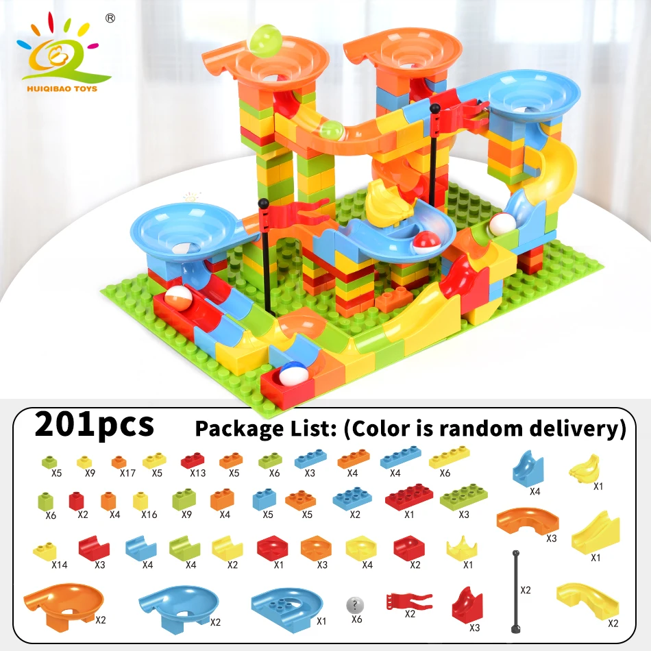 HUIQIBAO 40-201PCS Marble Race Run Large Building Blocks Funnel Slide Compatible City Big Bricks MOC STEM Toys For Children Kids