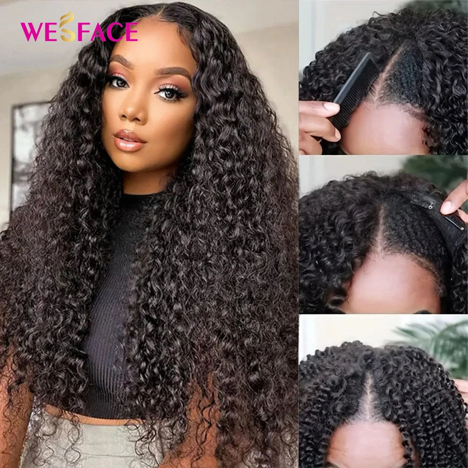 Water Wave Curly V Part Wigs Natural Black Wear To Go Glueless Human Hair Wigs Upgrade V Part Wig Curly Human Hair 180% Density