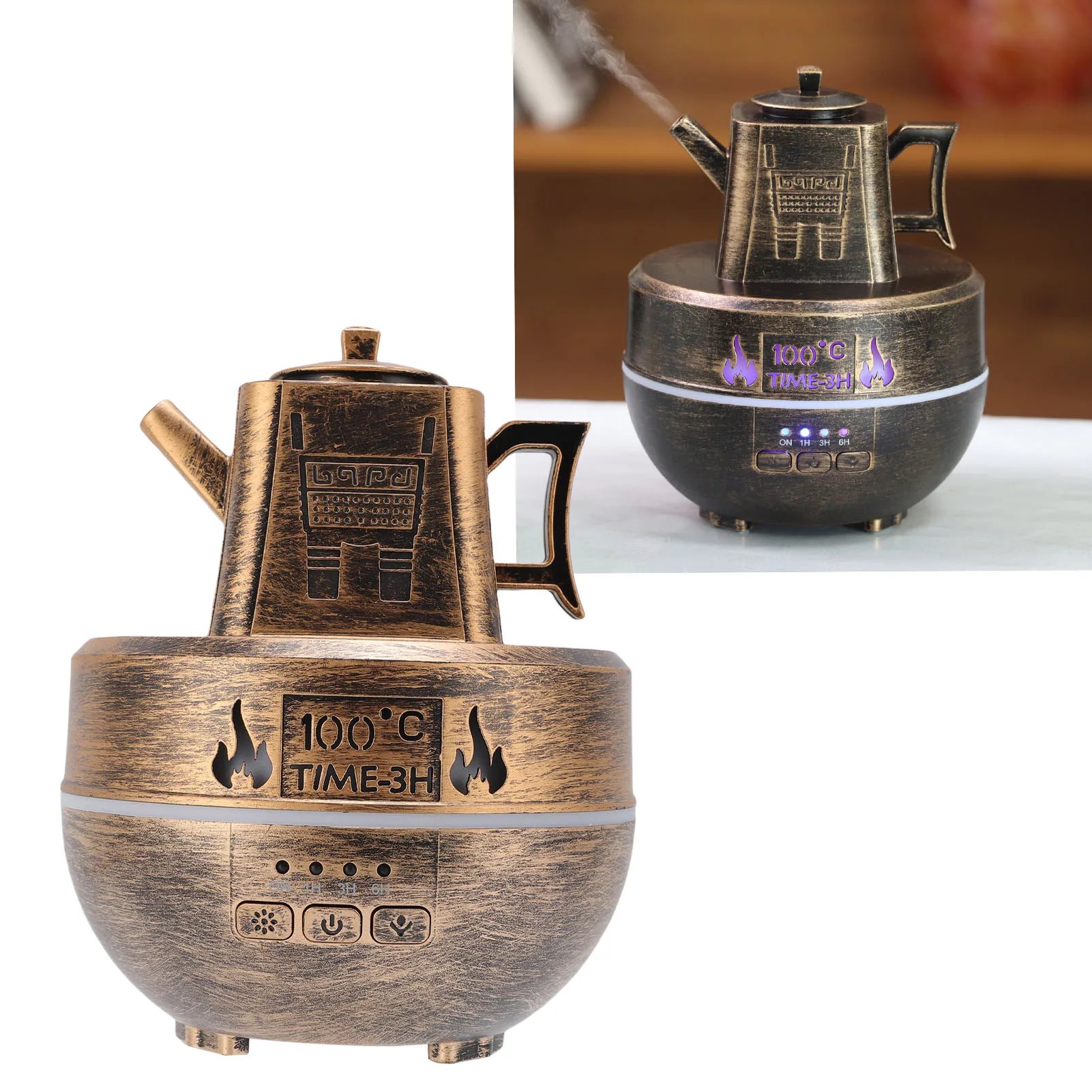 

Диффузор для ароматерапии, увлажнитель воздуха в форме чайника, диффузор ароматического масла с красочной подсветкой для домашнего декора, античная бронза