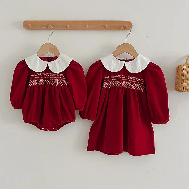 Baby Girls Clothes Autumn Toddler Baby Rompers Princess Dress Red Long Sleeves Girls Dress Christmas Sister Clothing