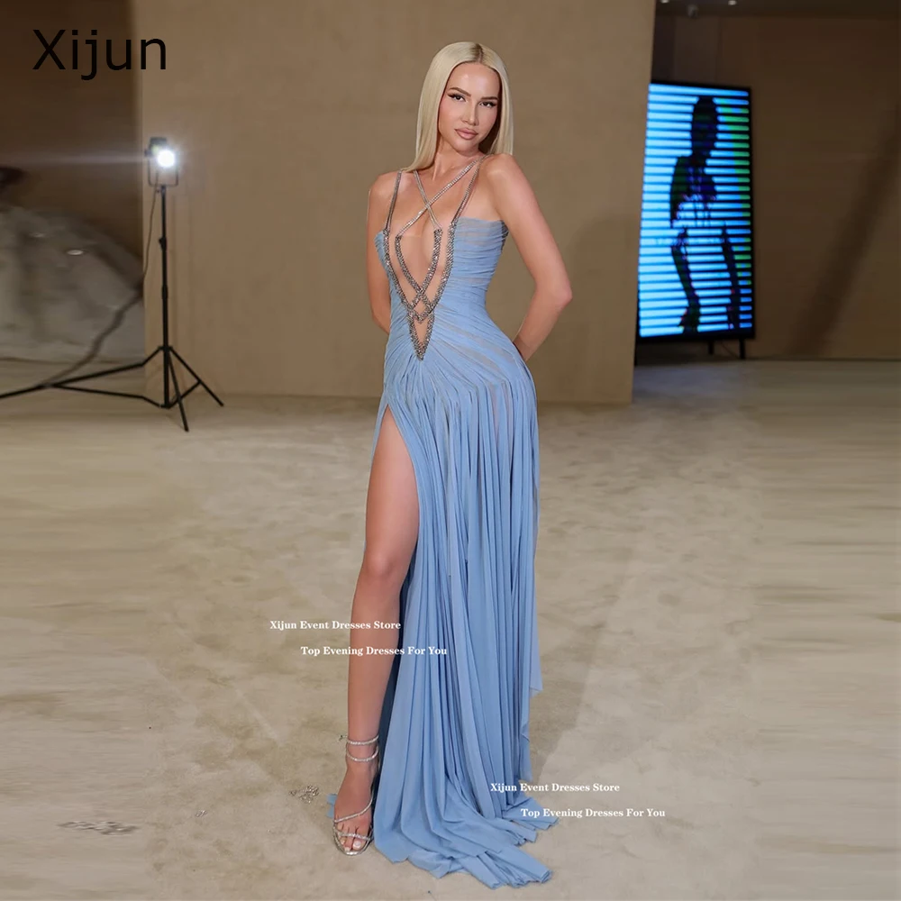 Xijun Sexy Blue Chiffon Evening Dresses Beading Spaghetti Strap A-Line Prom Dresses Side Slit Pleated Sexy Prom Gowns Customized
