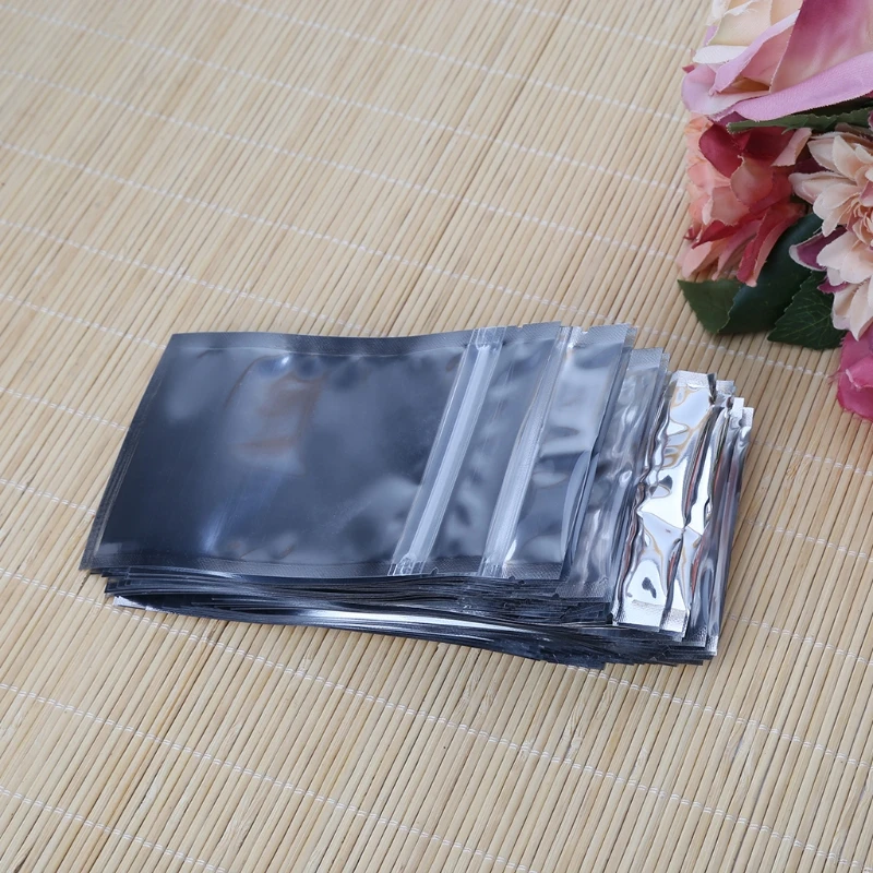 50 piezas 8,5x14 papel aluminio plateado Mylar bolsa reutilizable frontal transparente a prueba fugas
