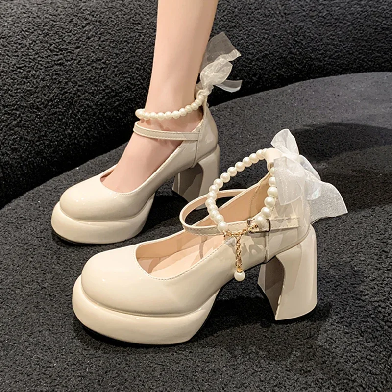 Bow Bead Mary Janes Shoes Women High Heels Luxury party Shoes 2024 trend platform Lolita Elegant Chunky Pumps sandalias de muje