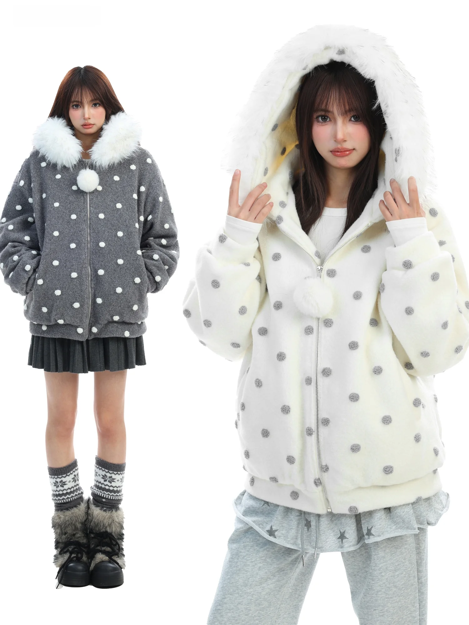 

Women's Cotton Puffer Jaet with Fur Collar Polka Dot Design Hooded Thiened Winter Coat Sweet Sle Casual Lazy Faion