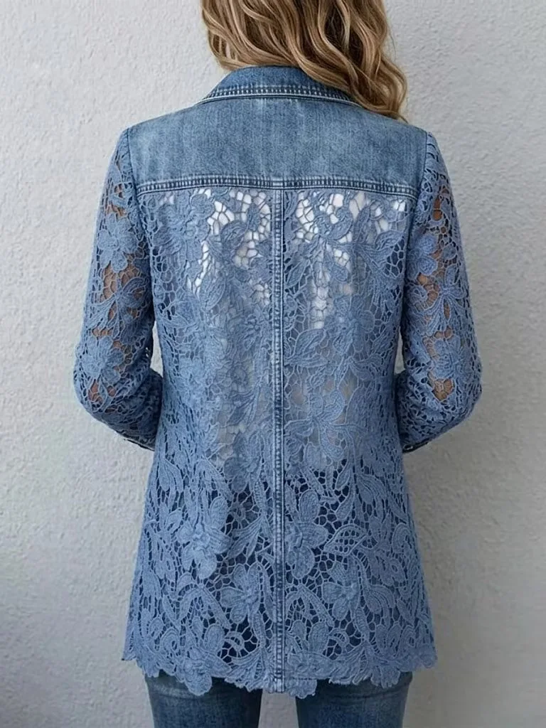 Customization Vintage Hollow Out Floral Lace Spliced Denim Jacket Women Notched Lapel Single Button Long Sleeve See Through Casu
