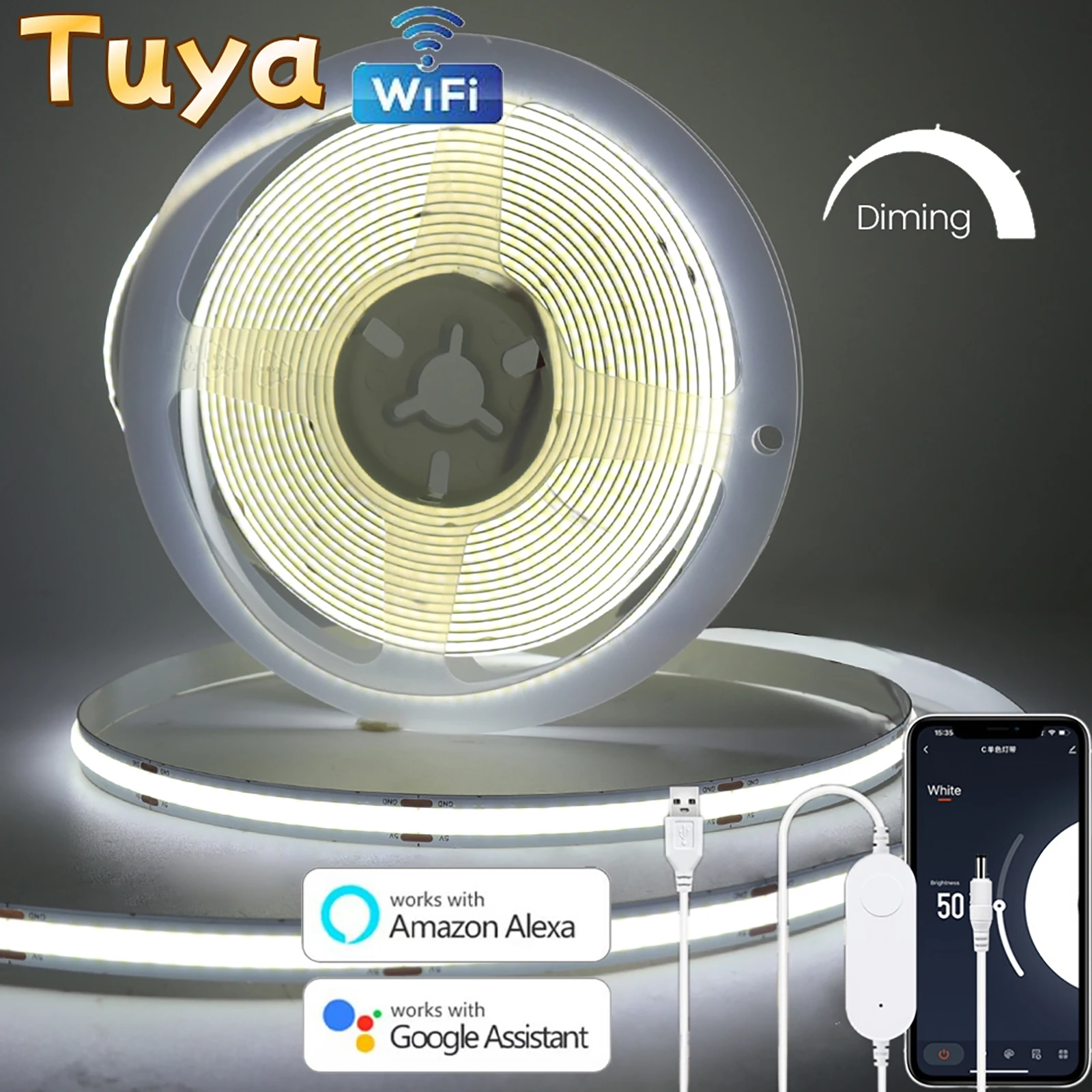 

5 В USB Tuya WiFi COB Светодиодная лента с регулируемой яркостью Smart Life APP Control Гибкая светодиодная лента 320 светодиодов Линейный свет для настенного кухонного шкафа