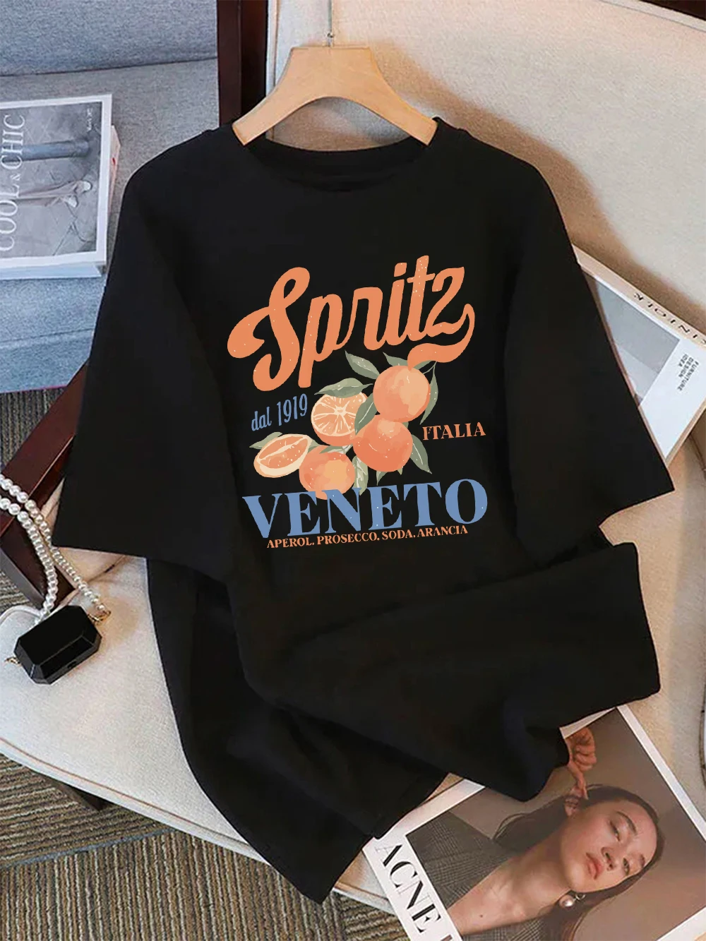 

Summer T-Shirts Cotton Womens Spritzy Veneto Funny Orange Fruits Printing Short Sleeve Tees Soft Loose O-Neck Tops Basic Clothes